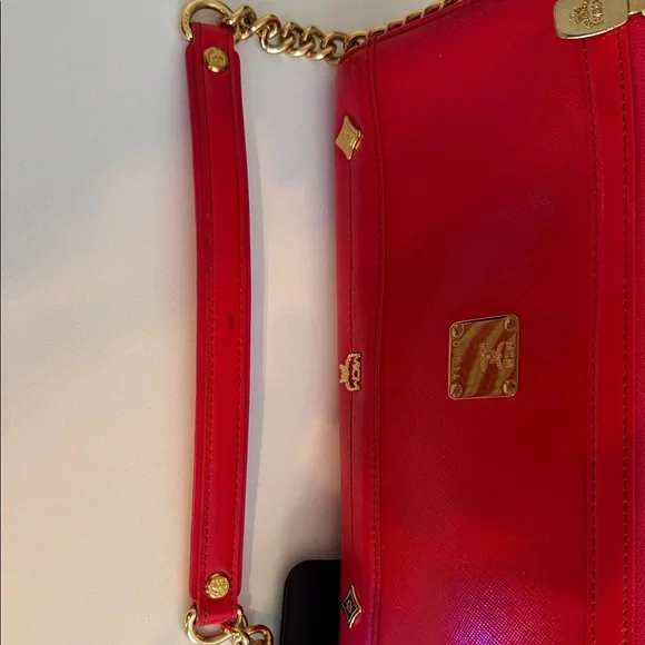 MCM Red Leather Shoulder Bag with Gold Chain - Picture 11 of 16